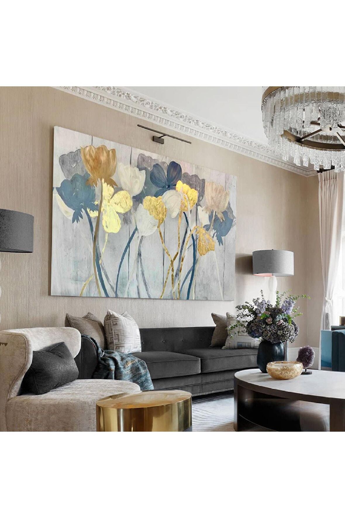 Çiçek Tablosu Gri Tabanlı Gold/lacivert Çiçek