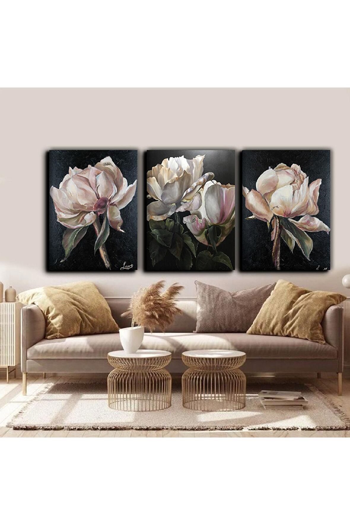 Beyaz Çiçek Siyah Arka Fon Kombini Set Kanvas Tablo Harikabirev ( Siyah- Beyaz)