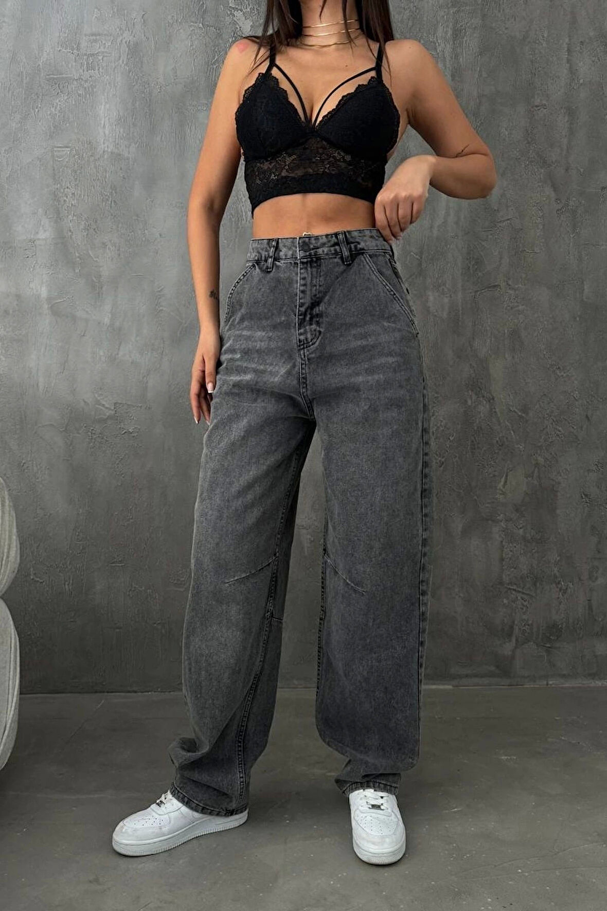 Füme Premium Yıkamalı Kemerli Baggy Jeans