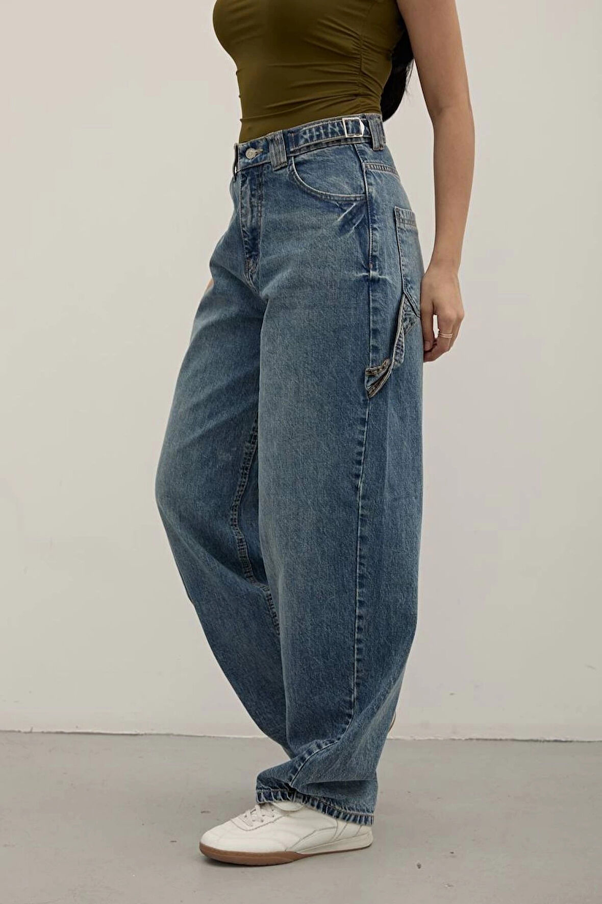 Tint Blue Premium Yıkamalı Kemerli Baggy Jeans