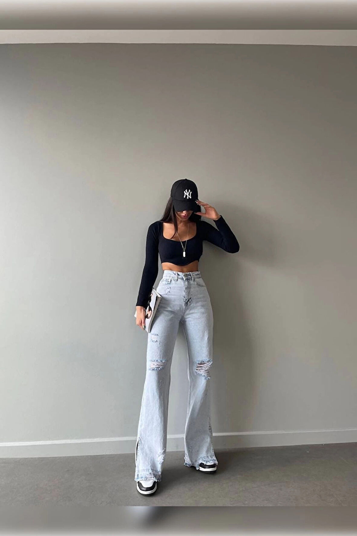 Buz Mavi Lazer Detaylı Premium Yıkamalı Wide Leg Jeans