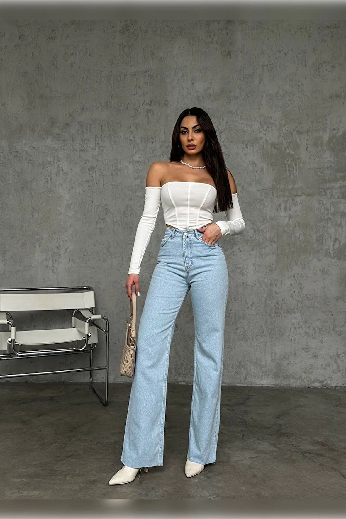 Ice Blue Premium Yıkamalı Wide Leg Jeans