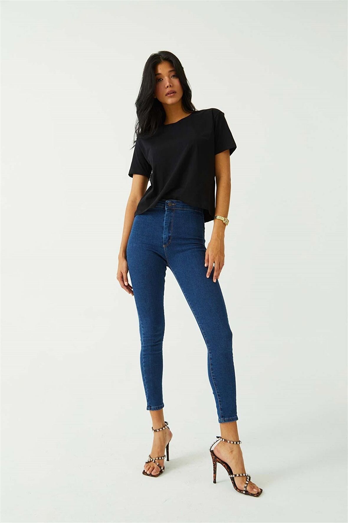 Koyu Mavi Yüksek Bel Skinny Fit Jean Likralı Önü Cepsiz Tayt Pantolon