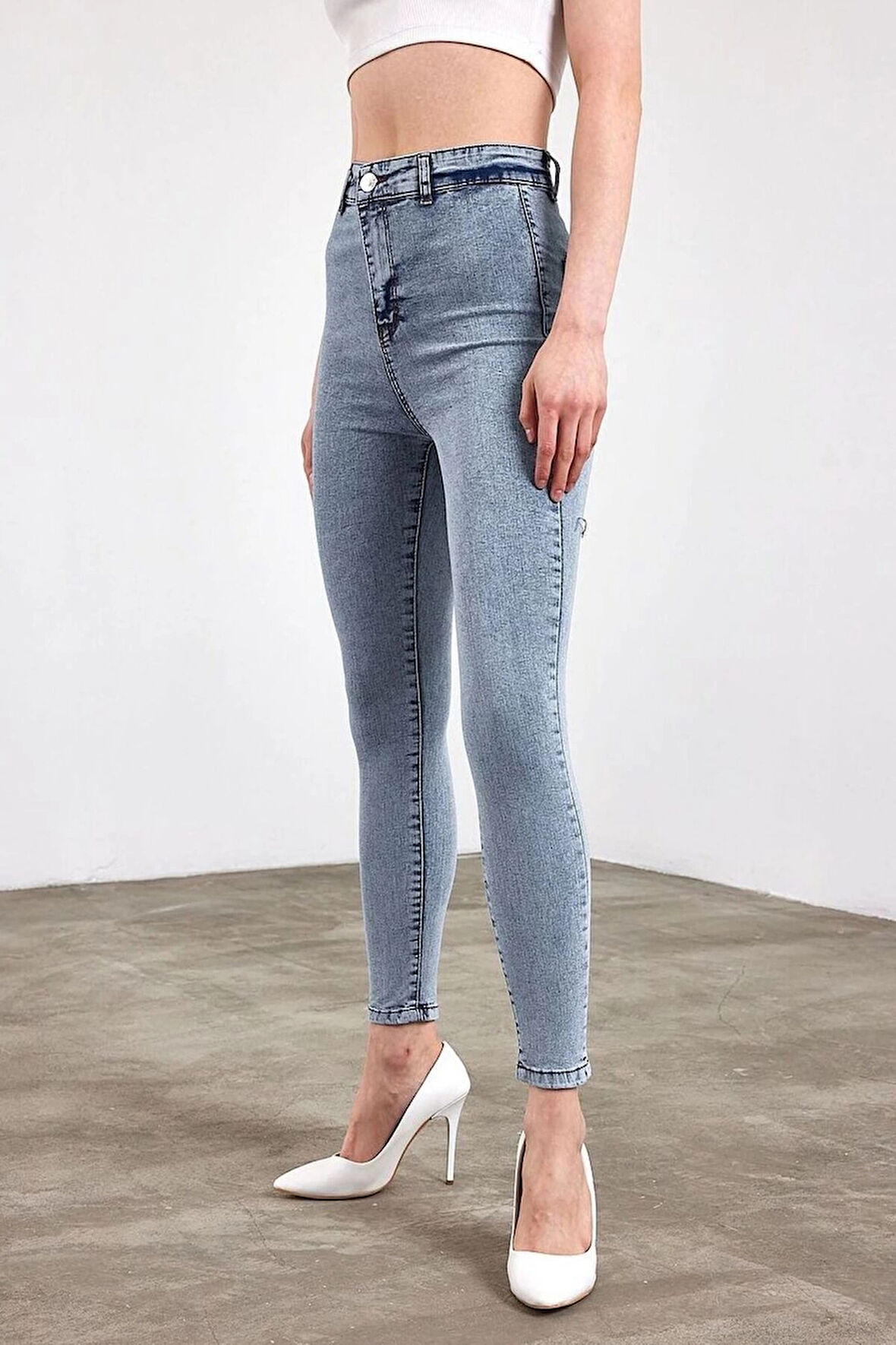 Kar Yıkama Yüksek Bel Skinny Fit Jean Likralı Önü Cepsiz Tayt Pantolon