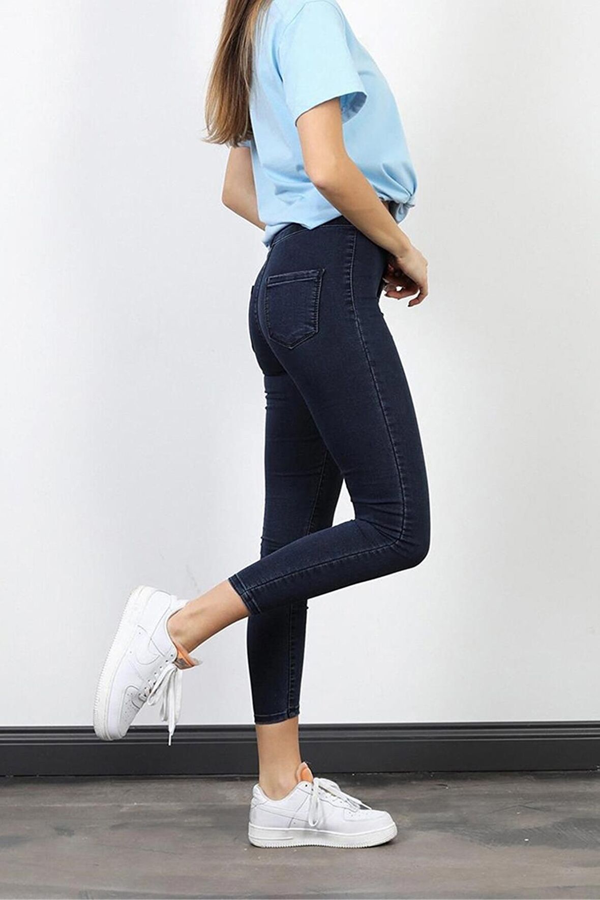Lacivert Yüksek Bel Skinny Fit Jean Likralı Önü Cepsiz Tayt Pantolon