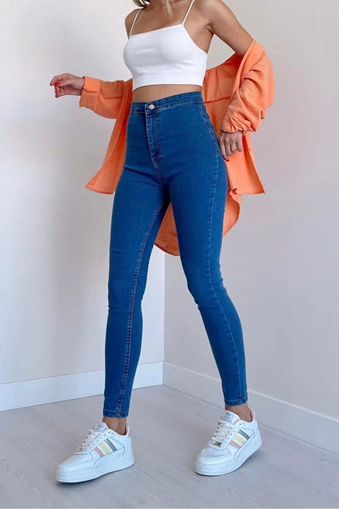 Açık Mavi Yüksek Bel Skinny Fit Jean Likralı Önü Cepsiz Tayt Pantolon