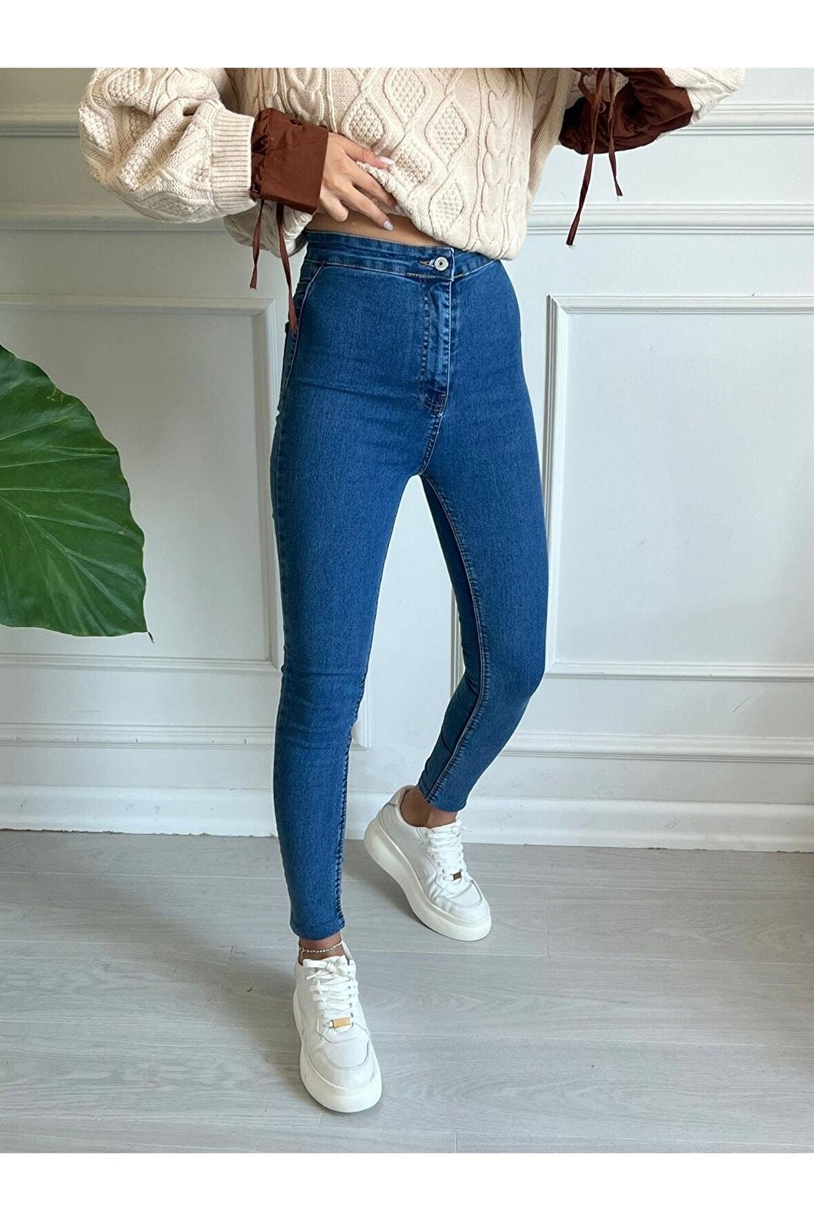 Mavi Yüksek Bel Skinny Fit Jean Likralı Önü Cepsiz Tayt Pantolon