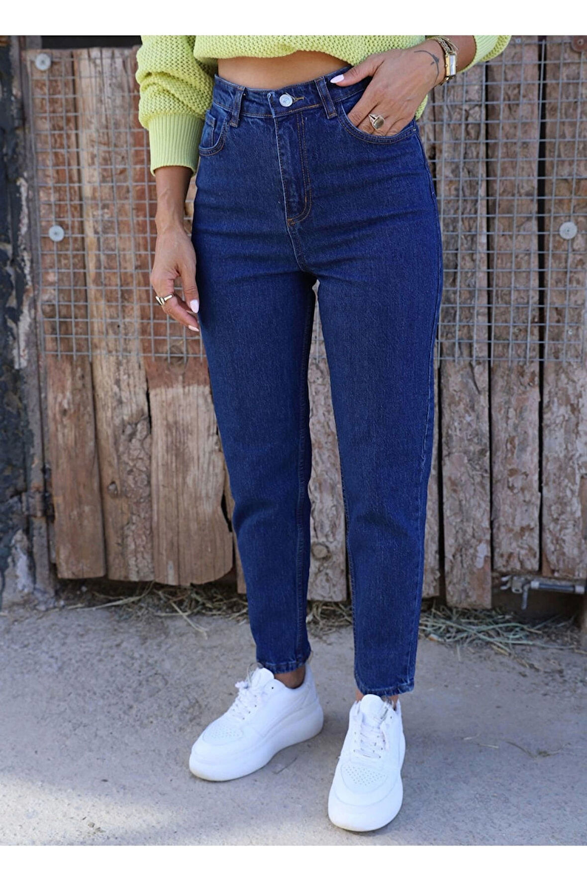 Lacivert Mom S Jeans Likralı Yüksek Bel Pantolon