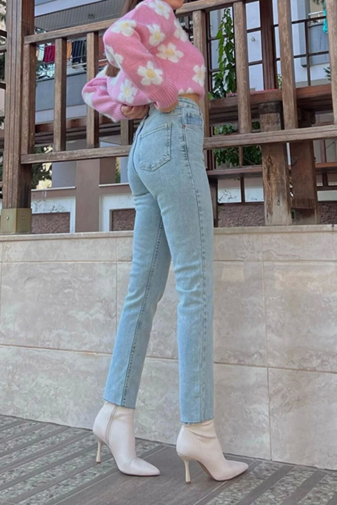 Buz Mavisi Mom Fit Jeans Boyfriend Yüksek Bel Pantolon
