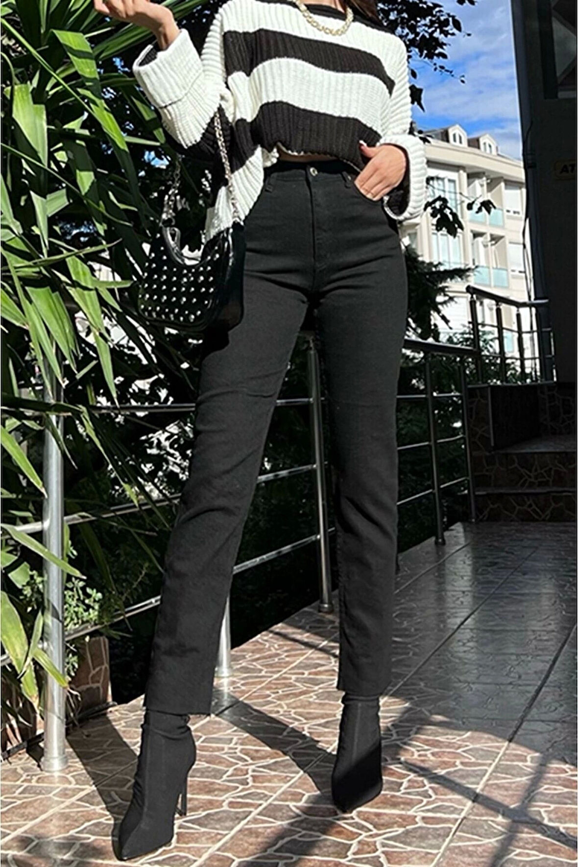 Siyah Mom Fit Jeans Boyfriend Yüksek Bel Pantolon