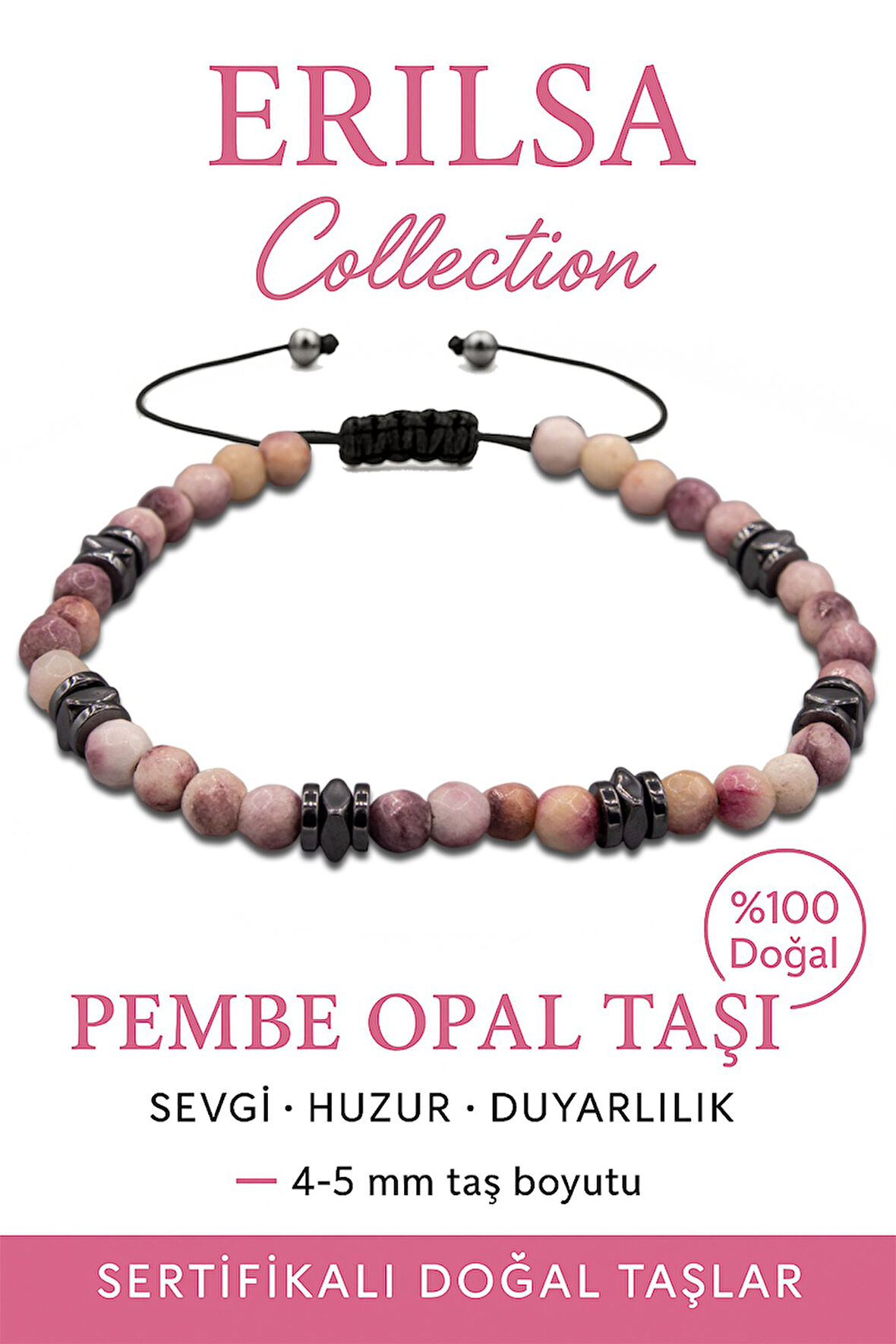 Sertifikalı Fasetli Terahertz – Pembe Opal Taşı Bileklik (İnce Model) – Şefkat, Duygusal Şifa ve Yumuşak Enerji Taşı