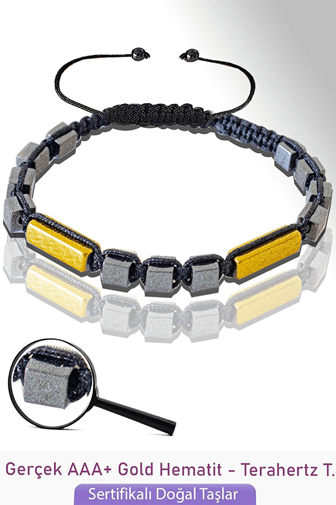 Sertifikalı Gold Hematit - Dikdörtgen - Terahertz Taşı Bileklik (Titreşim Taşı)