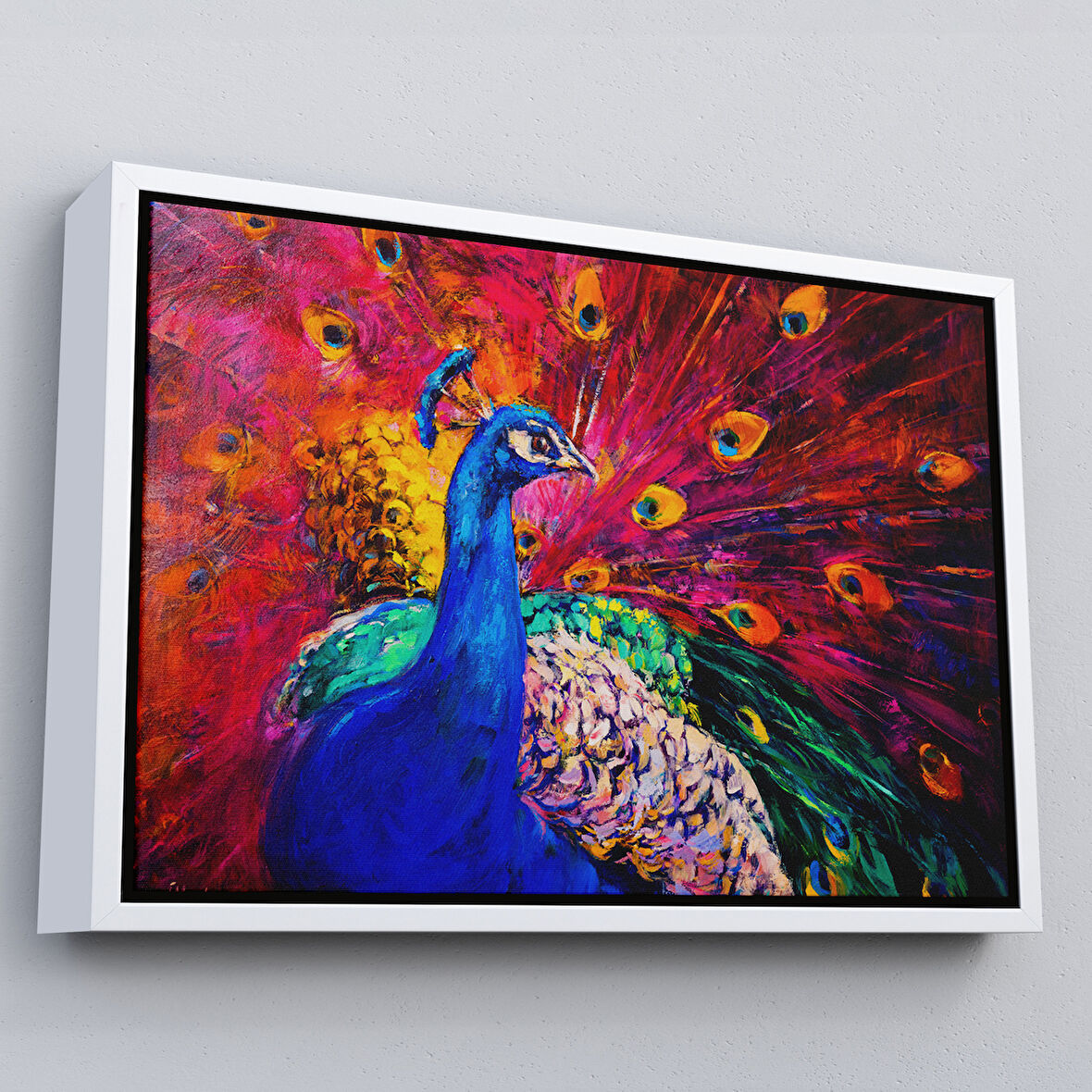 Beyaz Çerçeveli Çok Renkli Tavus Kuşu Modern Sanat Kanvas Duvar Tablosu