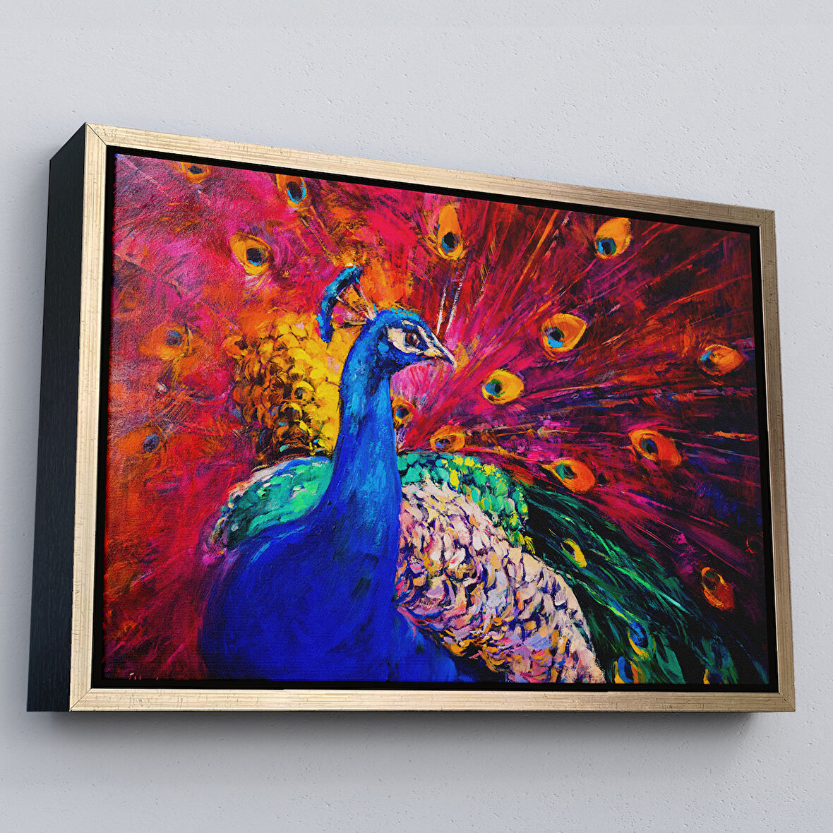 Altın Çerçeveli Çok Renkli Tavus Kuşu Modern Sanat Kanvas Duvar Tablosu