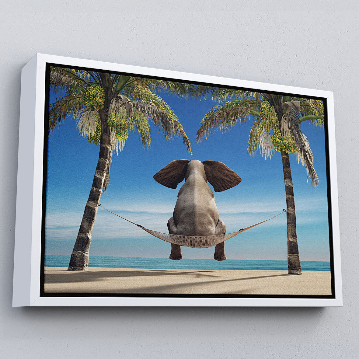 Beyaz Çerçeveli Fil Dekoratif Kanvas Tablo