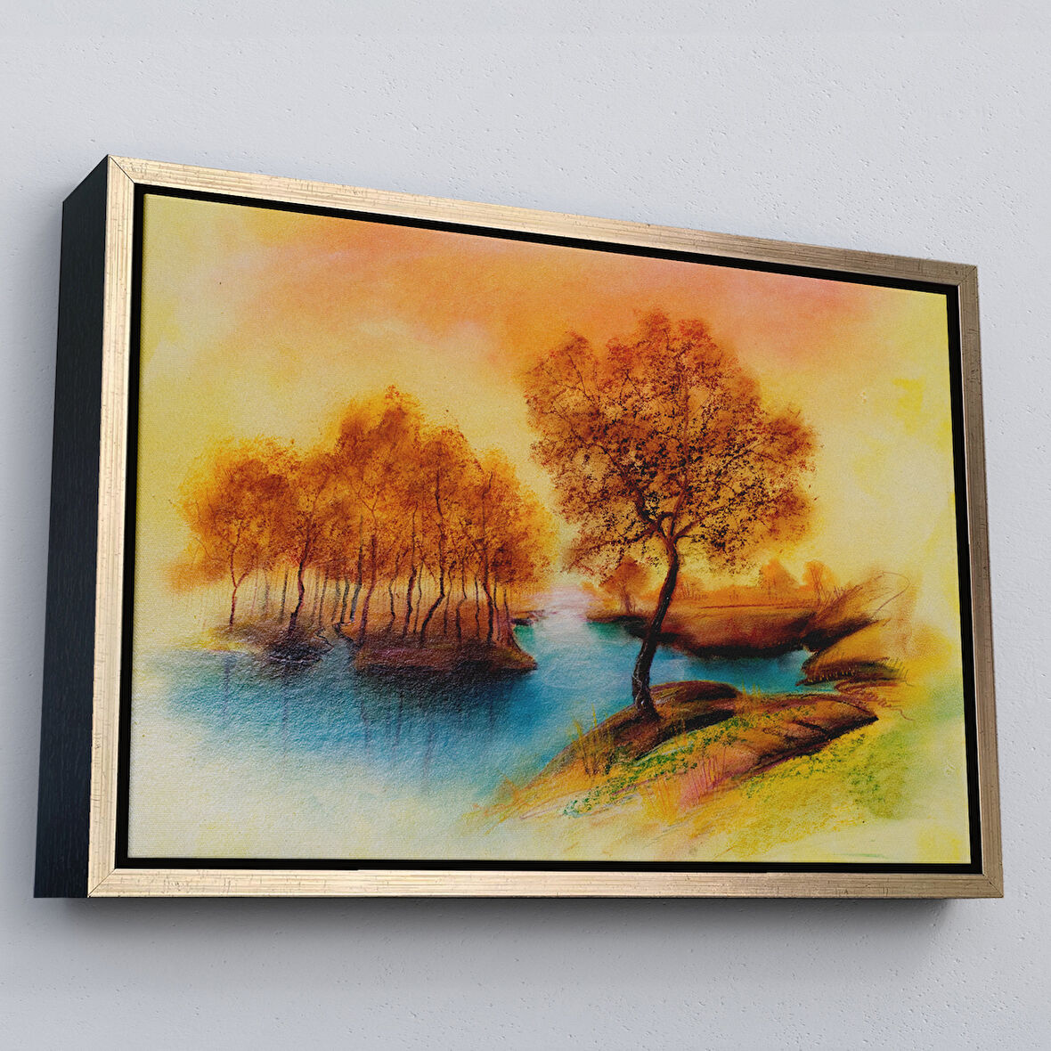 Altın Çerçeveli Yaz Mevsimi Manzaralı Kanvas Duvar Tablosu