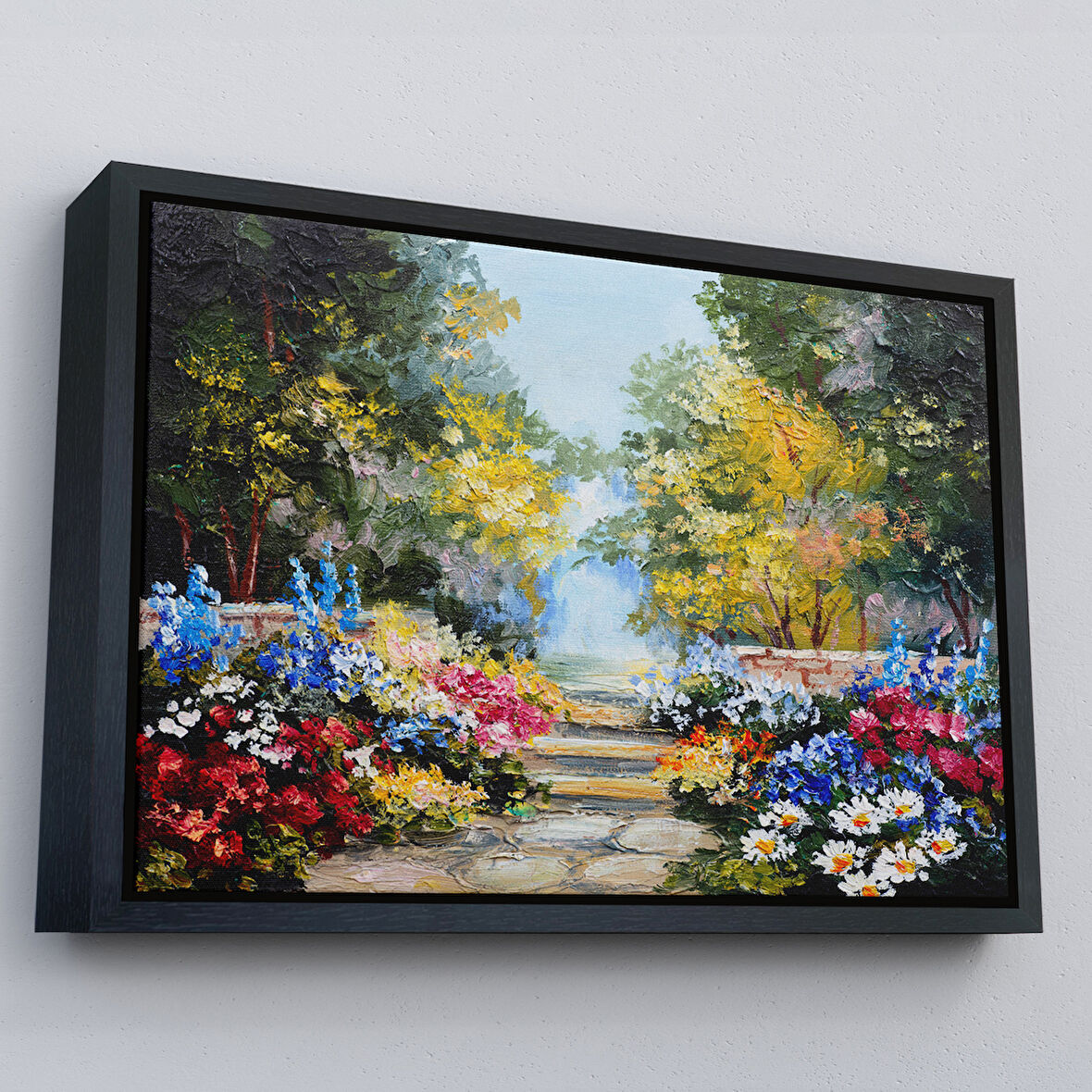 Siyah Çerçeveli Yaz Ormanı ve Renkli Güzel Çiçekler Kanvas Duvar Tablosu