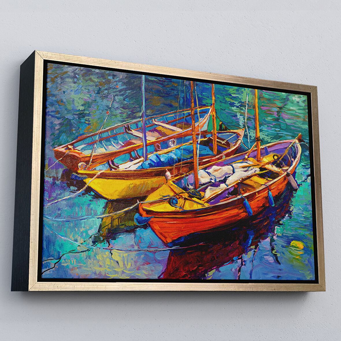 Altın Çerçeveli Okyanus Üzerinde Gün Batımı Tekne ve Deniz Kanvas Duvar Tablosu