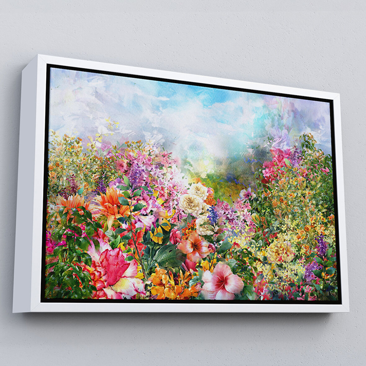 Beyaz Çerçeveli Suluboya Görünümlü Çok Renkli Çiçek Manzaralı Kanvas Tablo