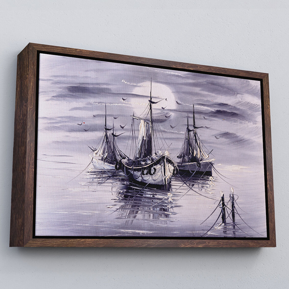 Kahverengi Çerçeveli Venedik İtalya Yelkenli Limanı Yağlı Boya Görünümlü Tablo