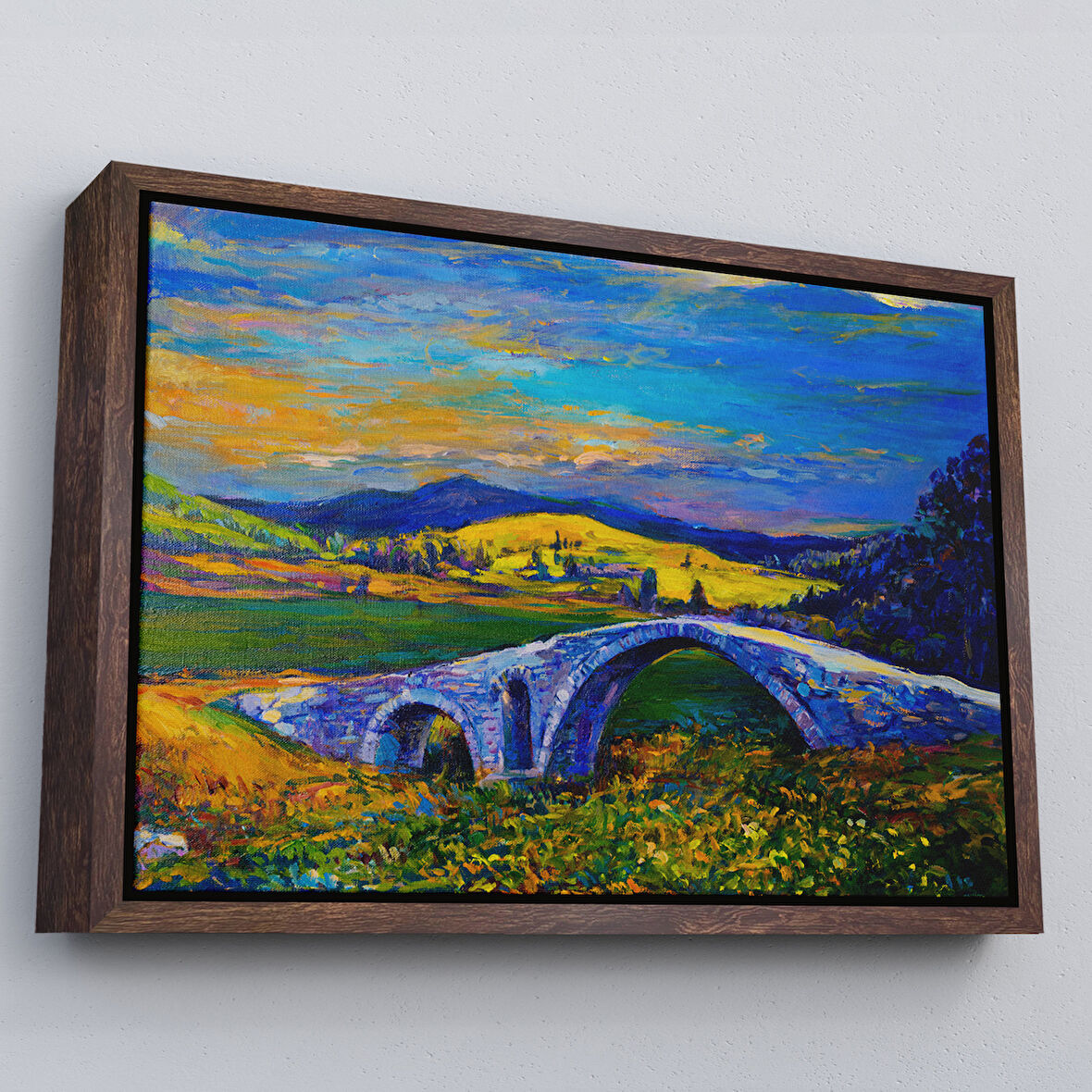 Kahverengi Çerçeveli Köy Taşköprüsü Günbatımı Manzarası Duvar Tablosu