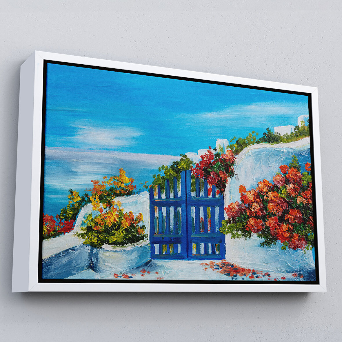 Beyaz Çerçeveli Deniz Manzaralı Bahçe Duvar Tablosu