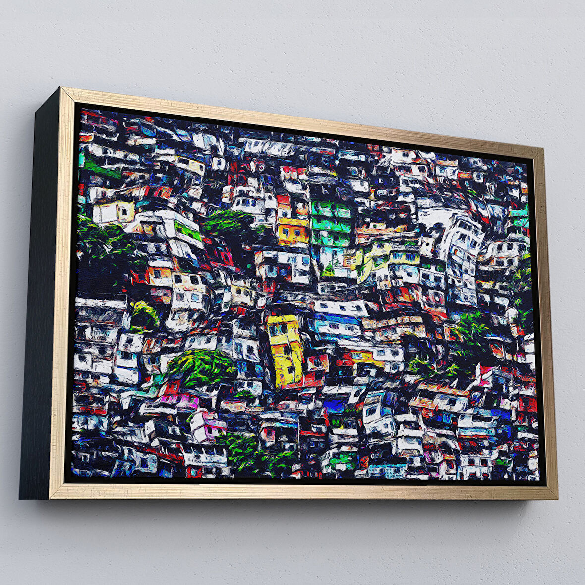 Altın Çerçeveli Kalabalık Şehir Manzarası Duvar Tablosu