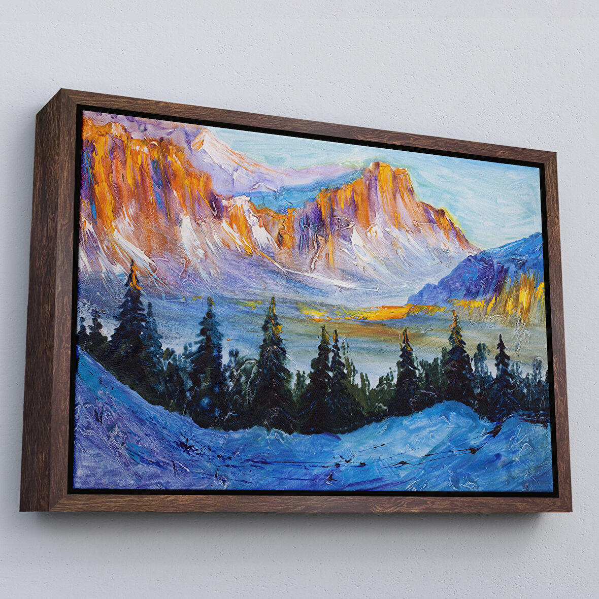 Kahverengi Çerçeveli Rusya Karlı Dağları Manzarası Duvar Tablosu
