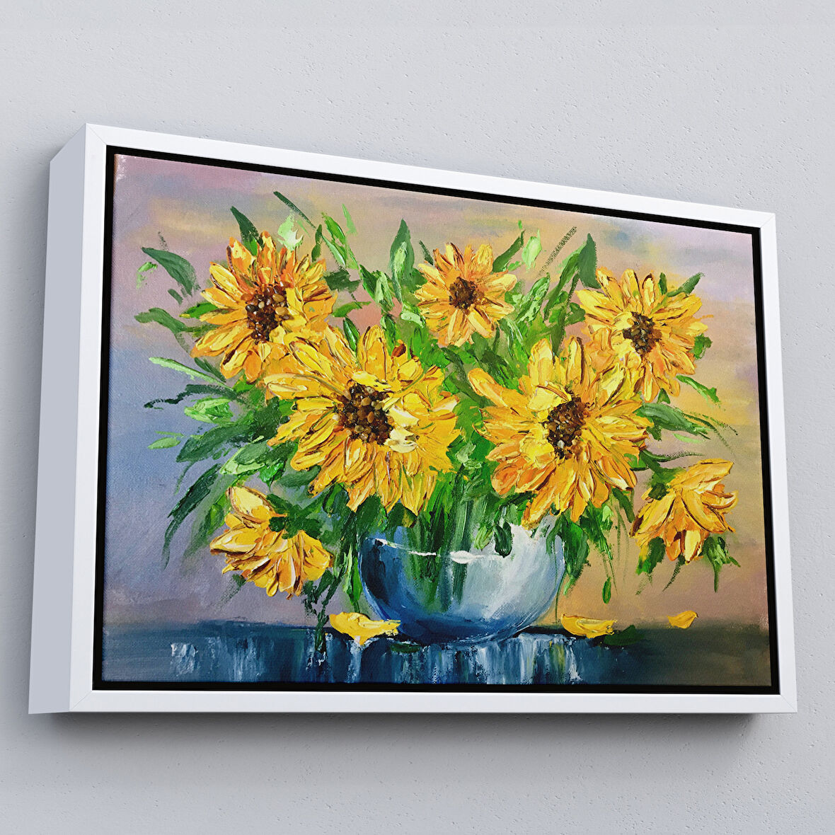Beyaz Çerçeveli Vazodaki Ayçiçekleri Duvar Tablosu