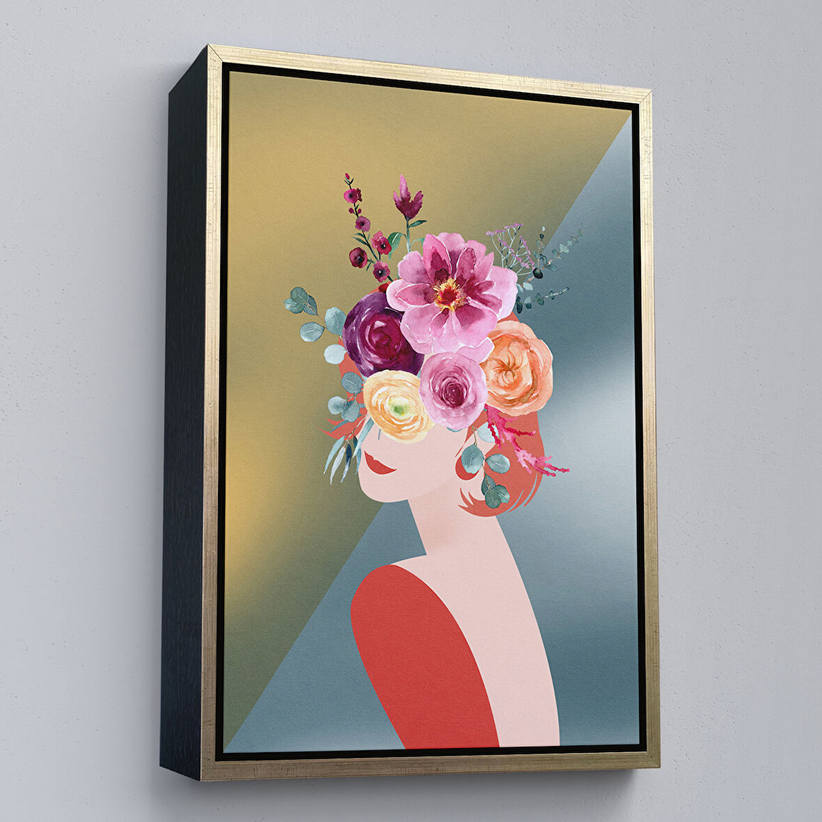Altın Çerçeveli Soyut Çiçekler ve Kadın Tablosu