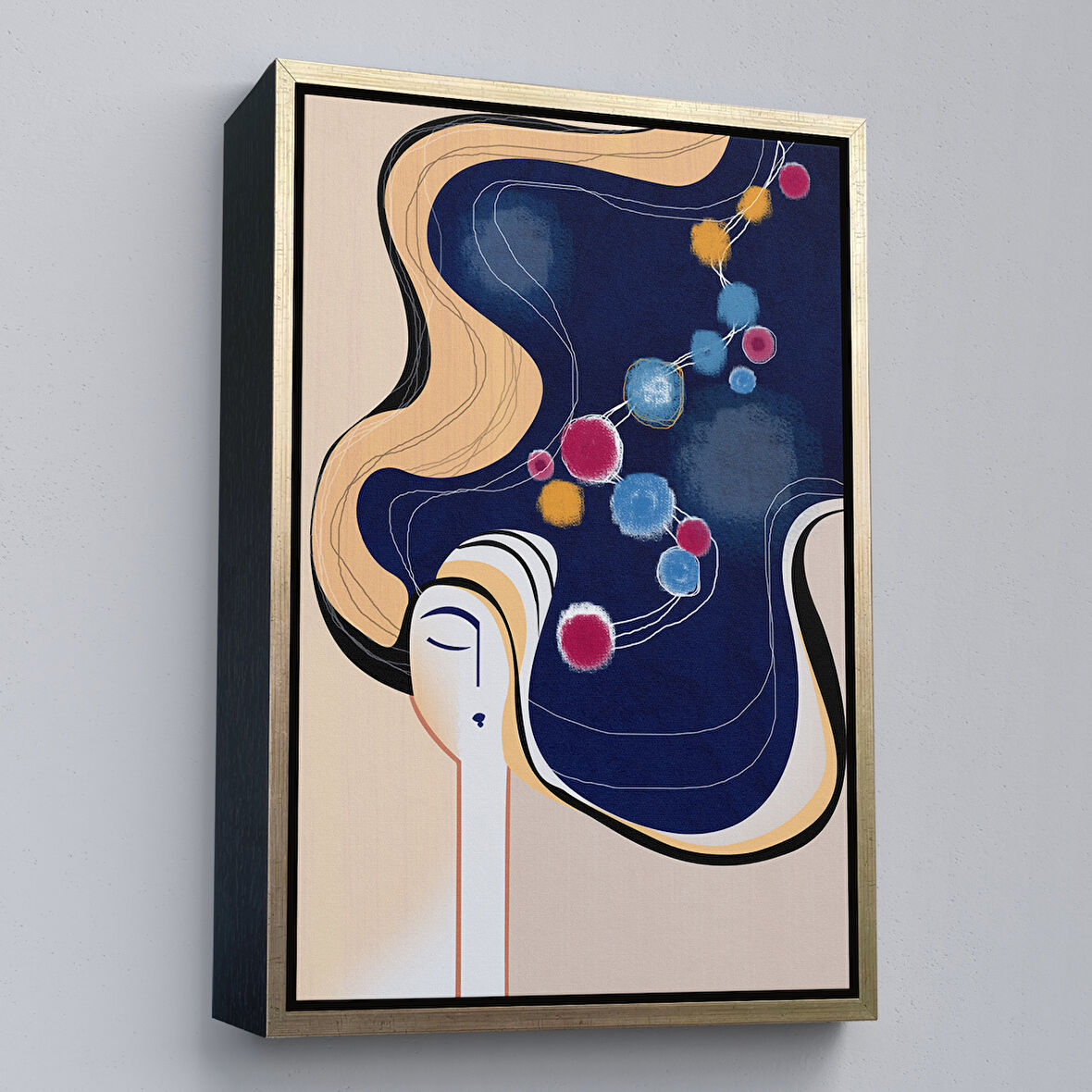 Altın Çerçeveli Renkli Soyut Kadın Tablosu