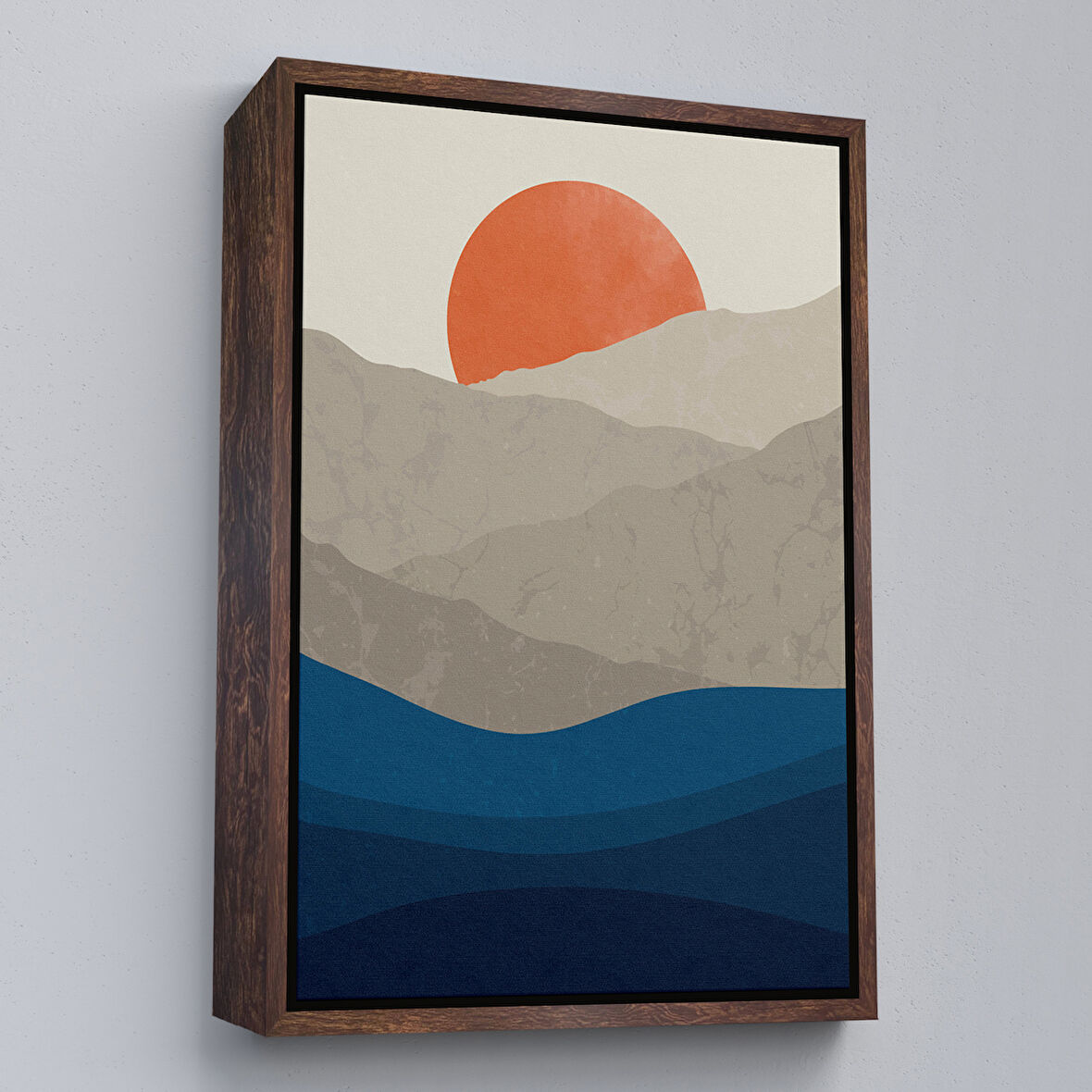 Kahverengi Çerçeveli Mavi Gri Modern Dağlar Tablosu