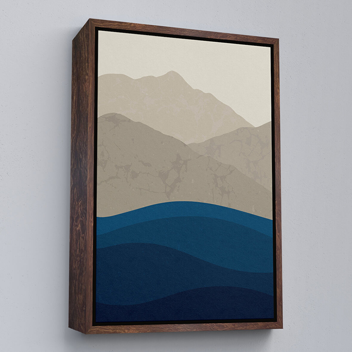 Kahverengi Çerçeveli Mavi Gri Modern Dağlar Tablosu