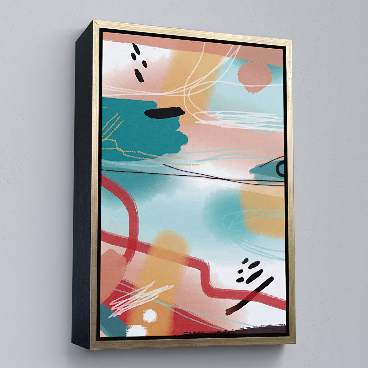 Altın Çerçeveli Renkli Soyut Şekiller Tablosu