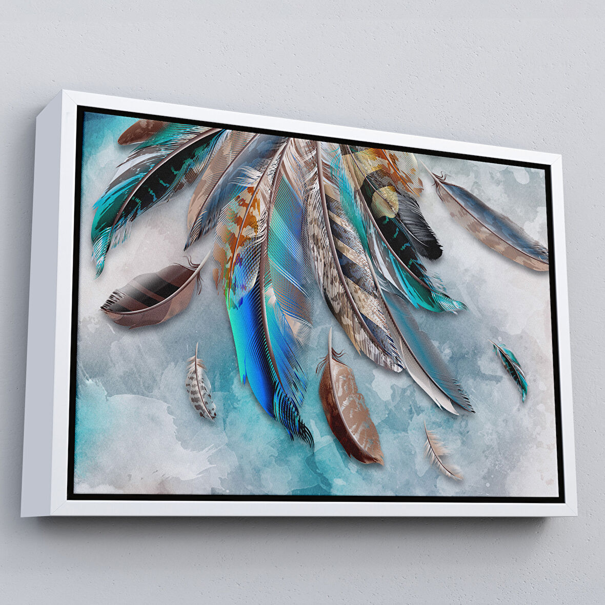 Beyaz Çerçeveli Kuş Tüyü Dekoratif Kanvas Duvar Tablosu