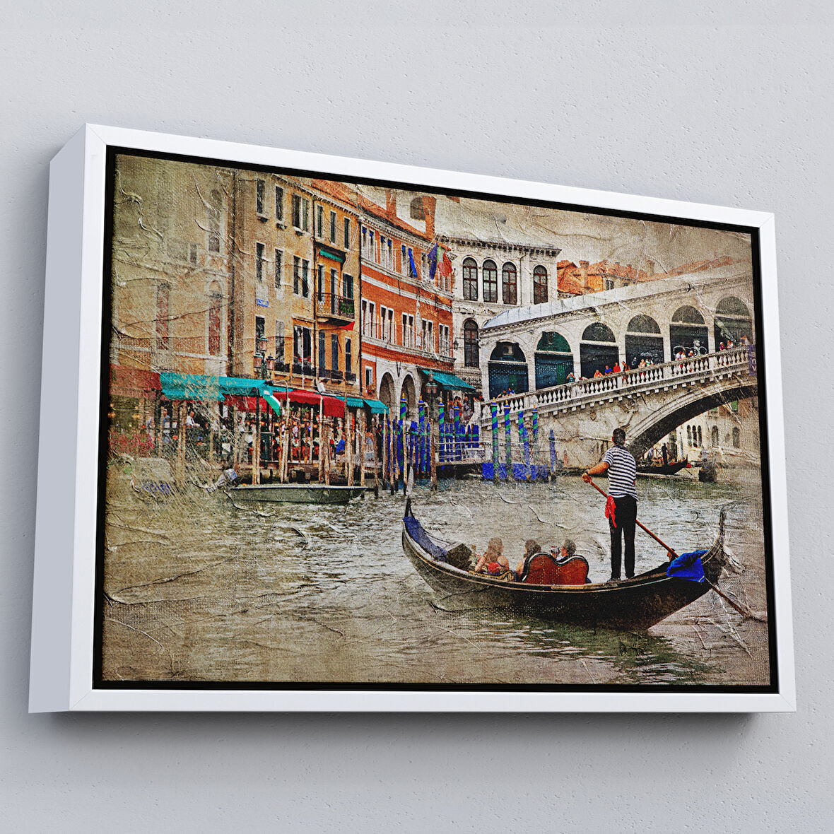 Beyaz Çerçeveli Venedik Kanalları Yağlıboya Çalışması Dekoratif Tablo