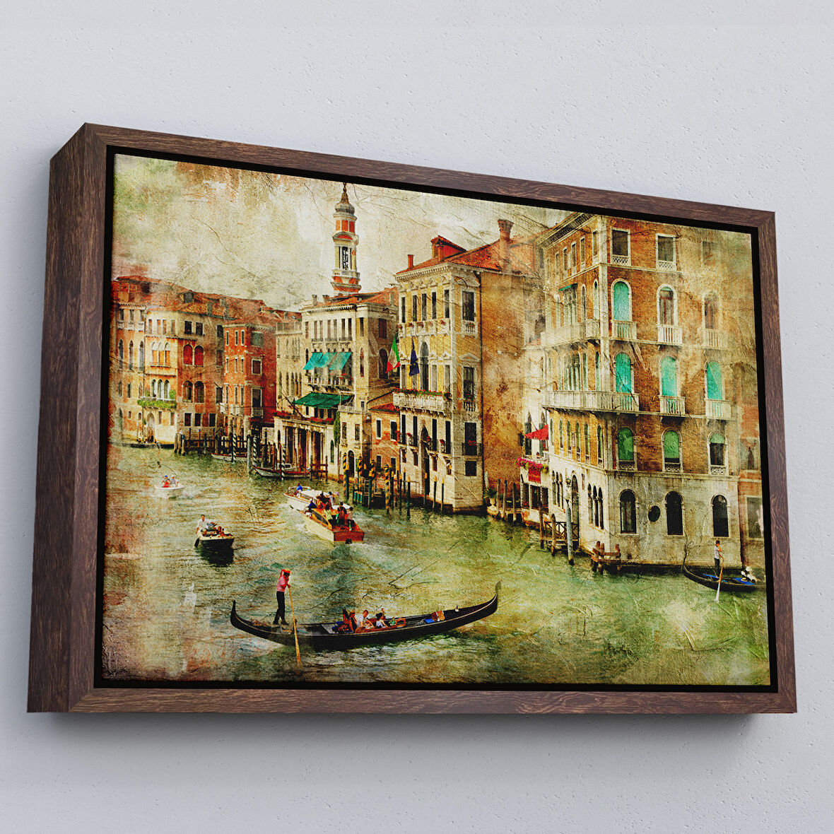 Kahverengi Çerçeveli Venedik Kanalları Yağlıboya Çalışması Dekoratif Kanvas Duvar Tablosu