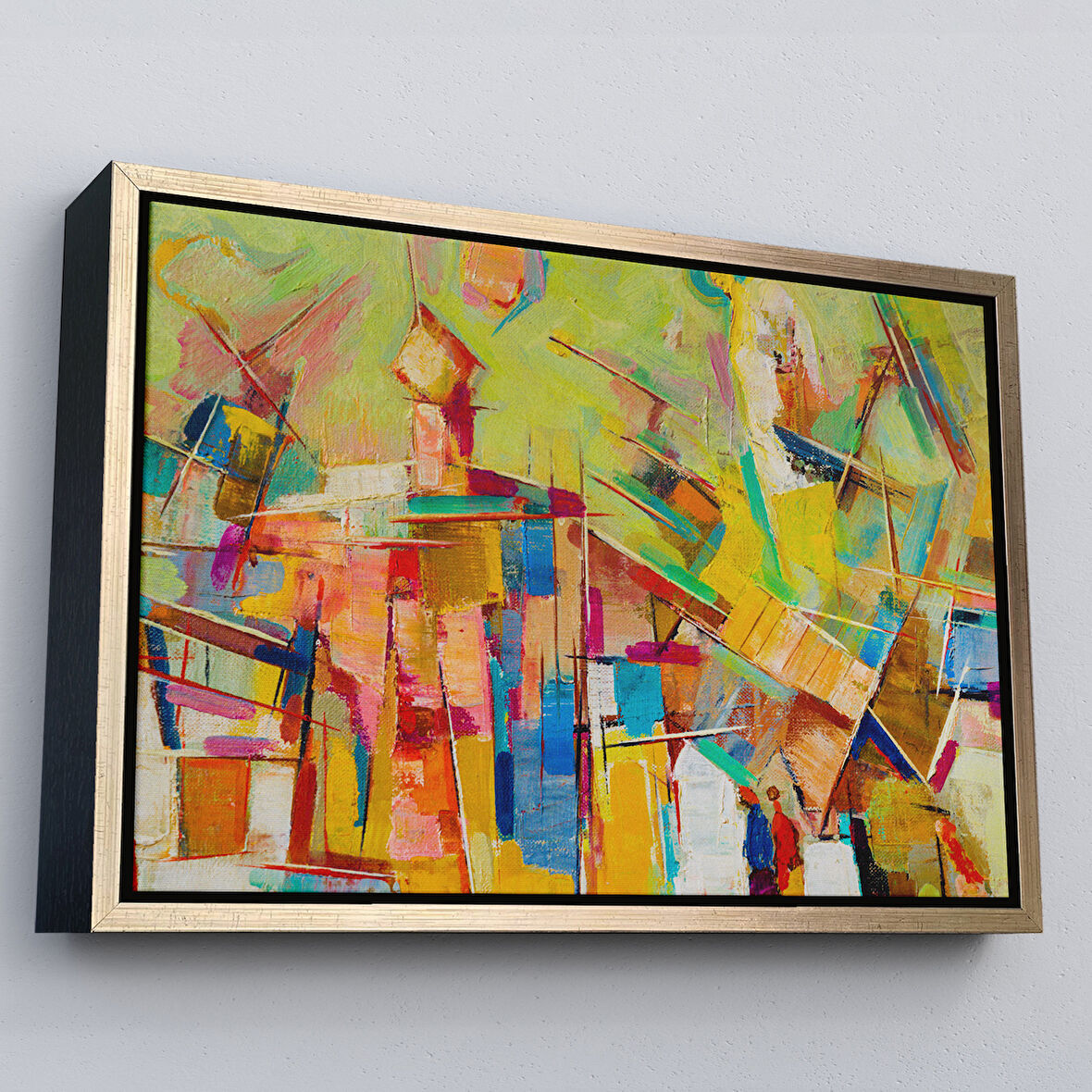 Altın Çerçeveli Soyut Yağlıboya Görünüm Dekoratif Kanvas Tablo