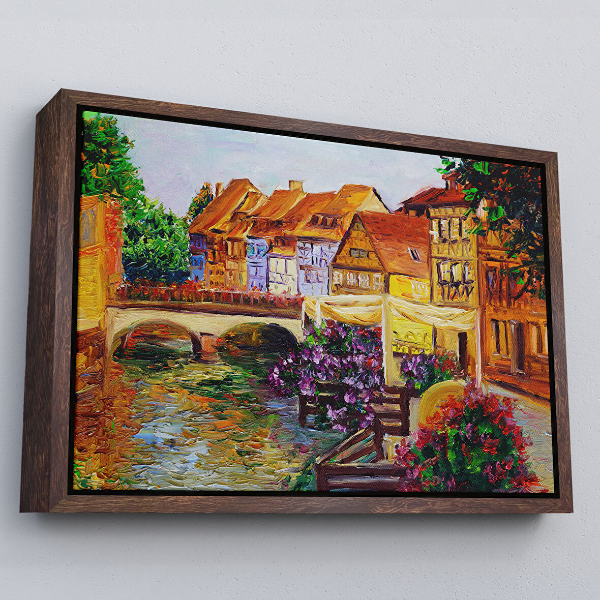 Kahverengi Çerçeveli Venedik İtalya Yağlıboya Görünüm Dekoratif Kanvas Duvar Tablosu