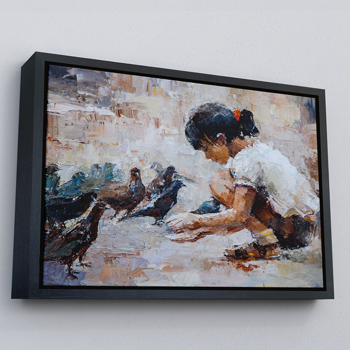 Siyah Çerçeveli Güvercinleri Besleyen Küçük Kız Dekoratif Duvar Tablosu