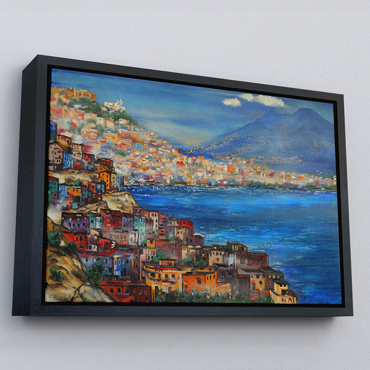 Siyah Çerçeveli Napoli Manzarası Yağlıboya Görünüm Dekoratif Kanvas Duvar Tablosu