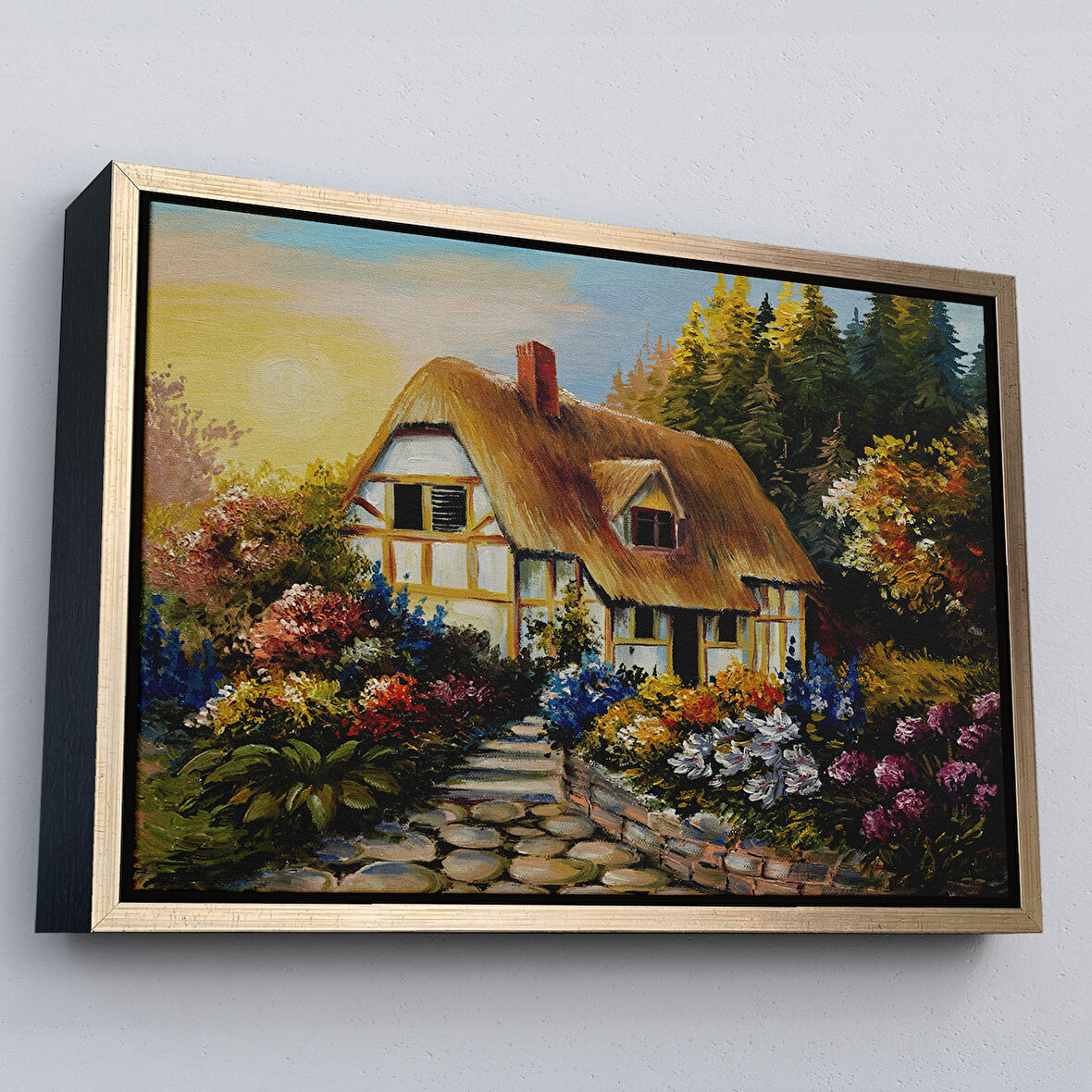 Altın Çerçeveli Bahçeli Orman Evi Yağlıboya Dekoratif Kanvas Duvar Tablosu