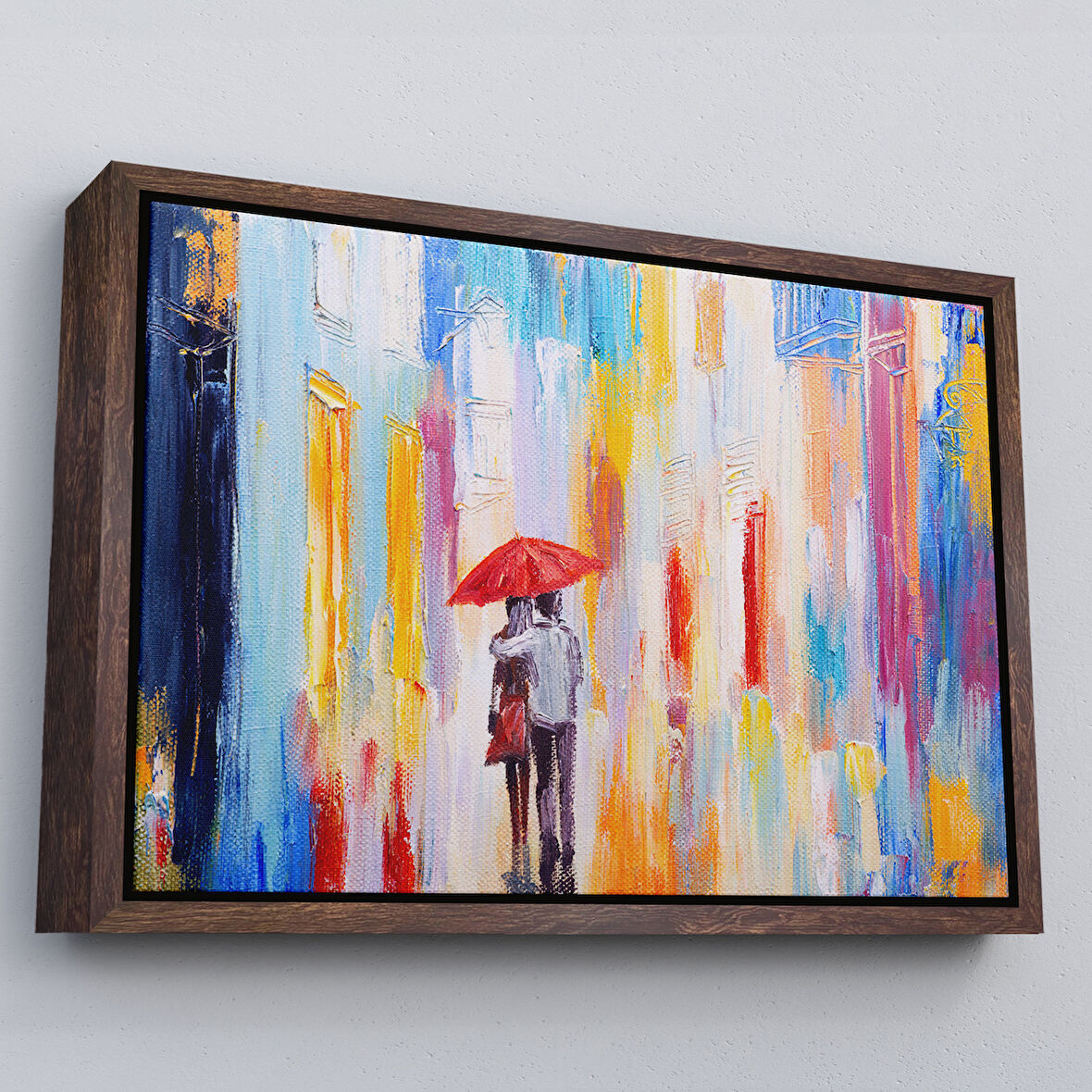 Kahverengi Çerçeveli Kırmızı Şemsiyeli Sevgililer Yağlıboya Görünüm Kanvas Duvar Tablosu