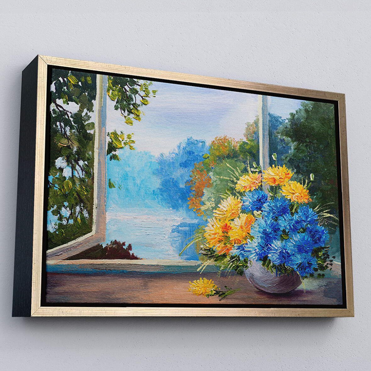 Altın Çerçeveli Pencere Kenarıdaki Çiçek Buketi Kanvas Duvar Tablosu