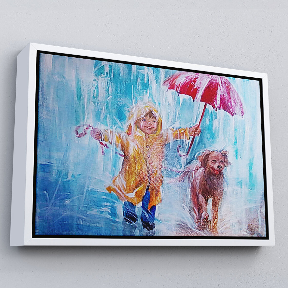Beyaz Çerçeveli Yağmurda Köpeğini Gezdiren Cocuk Yağlıboya Görünümlü Kanvas Tablo