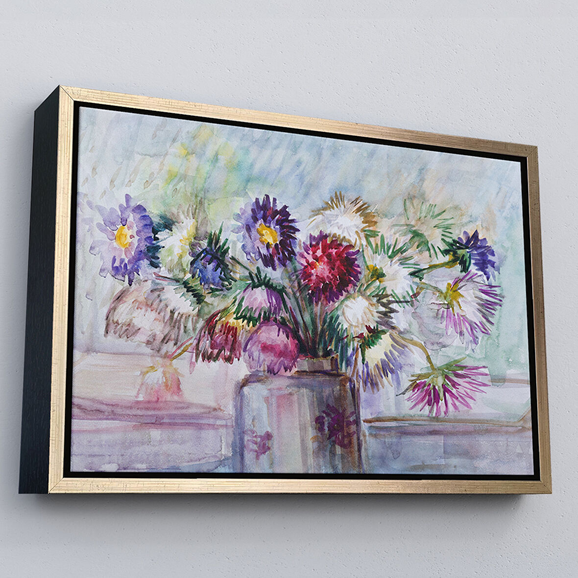 Altın Çerçeveli Aster Çiçeği Yağlı Boya Görünümlü Dekoratif Duvar Tablosu