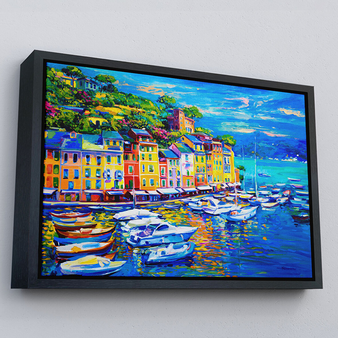 Siyah Çerçeveli Liman Tekneleri Yağlıboya Görünüm Dekoratif Kanvas Duvar Tablosu