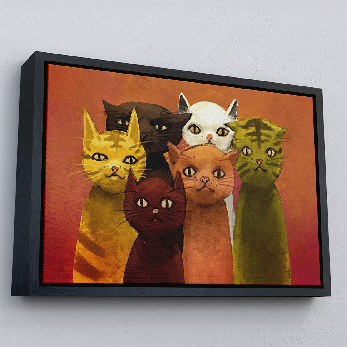 Siyah Çerçeveli Soyut Kediler Yağlıboya Görünüm Dekoratif Kanvas Duvar Tablosu