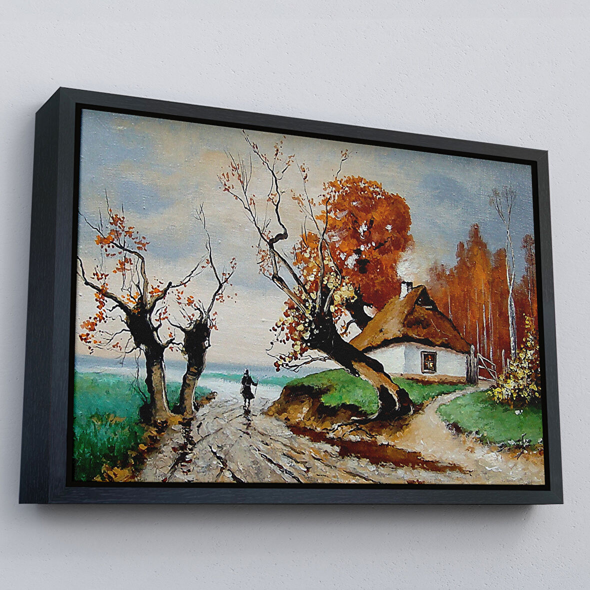 Siyah Çerçeveli Sonbahar Köy Manzarası Dekoratif Duvar Tablosu