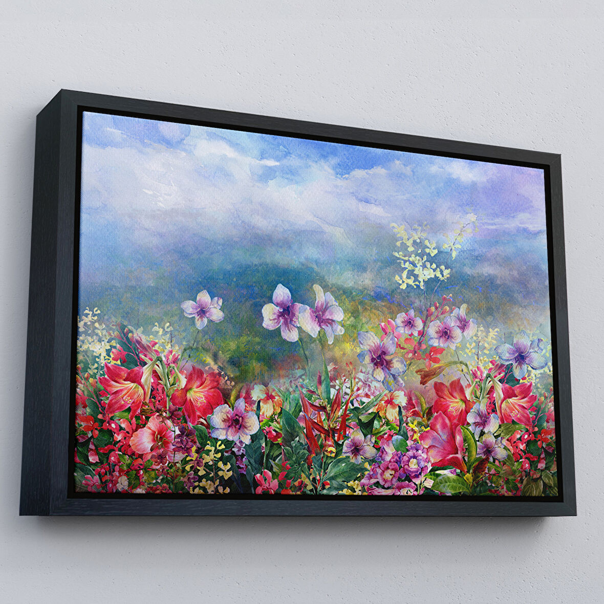 Siyah Çerçeveli Renkli Çiçekler Suluboya Görünüm Dekoratif Kanvas Duvar Tablosu
